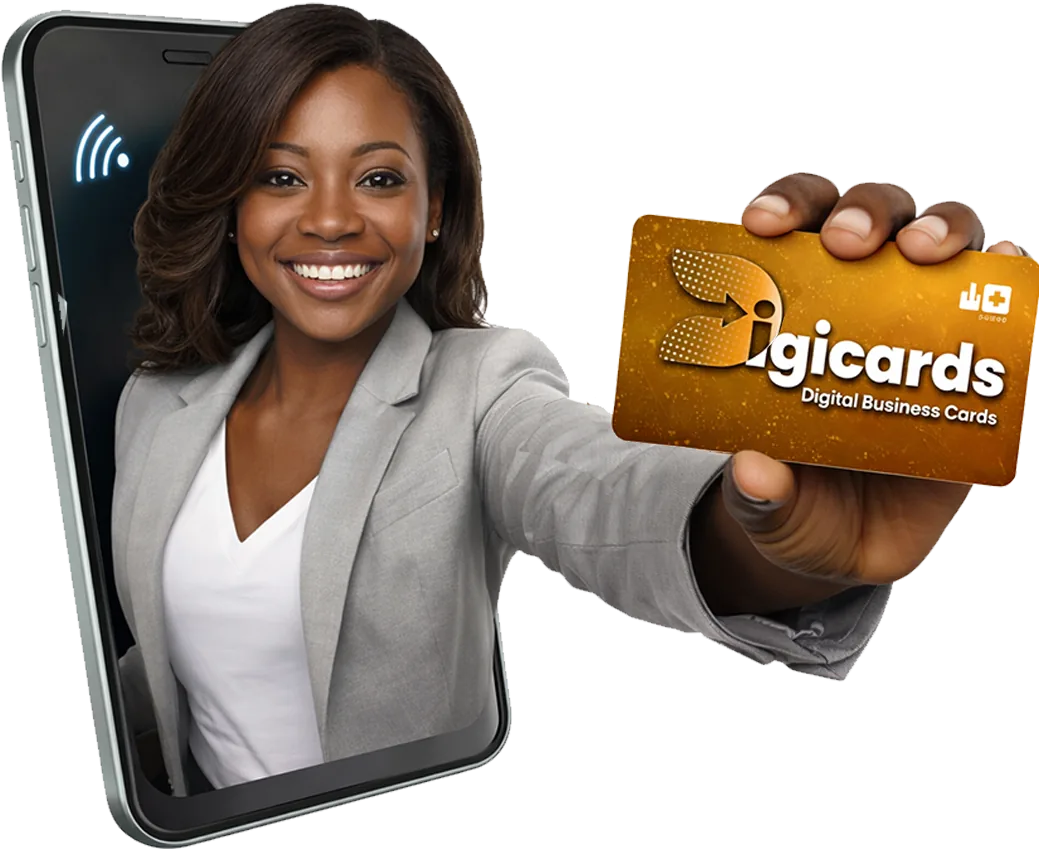 A professional presenting a Digicards NFC card from a smartphone
